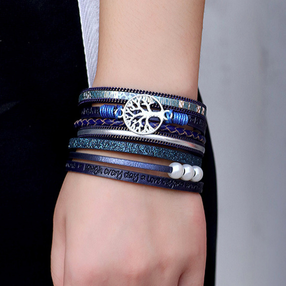 Cobalt Blue Leather Tree of Life Bangle - Picture 2 of 3